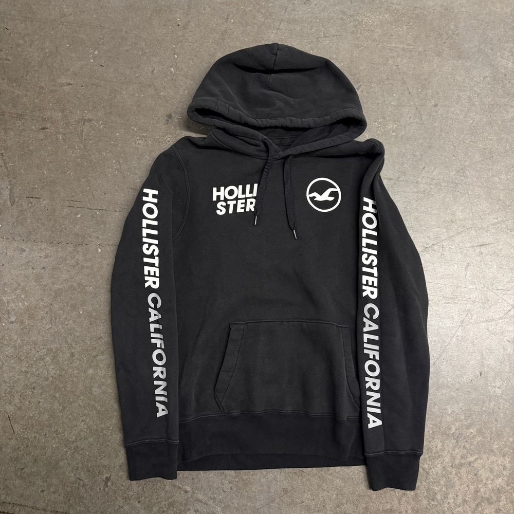 Hollister California Mens Graphic Sleeve Logo Pullover Hoodie Black Medium